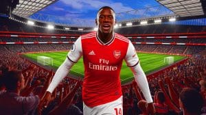 Illustration de Christopher Nkunku en maillot d'Arsenal dans un stade rempli de supporters (création par IA, illustration non réaliste). Crédit : Ideogram.