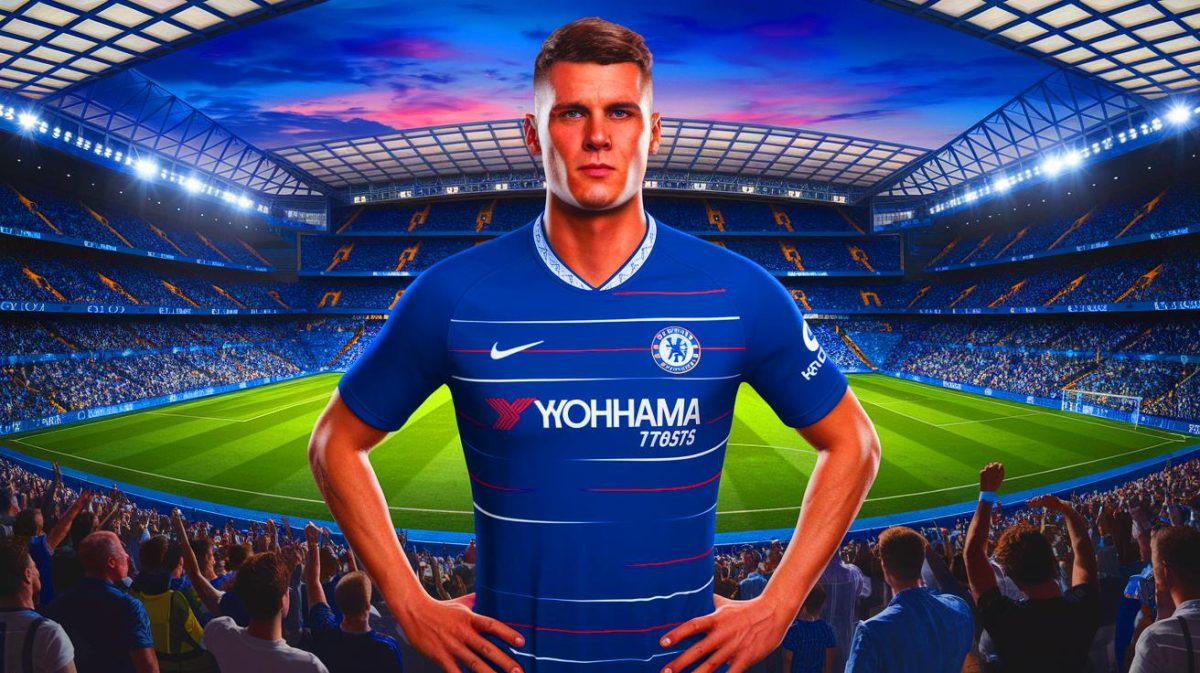 Illustration de Gregor Kobel en tenue de Chelsea prêt à signer pour le club londonien (création par IA, illustration non réaliste). Crédit : Ideogram.