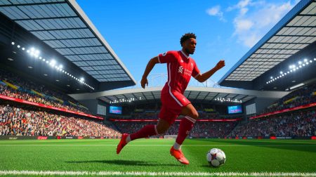 Illustration de Jules Koundé en maillot de Liverpool dans un stade (création par IA, illustration non réaliste). Crédit : Ideogram.