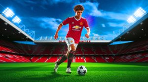 Illustration de Tyler Dibling en tenue de Manchester United, symbolisant son potentiel transfert (création par IA, illustration non réaliste). Crédit : Ideogram.