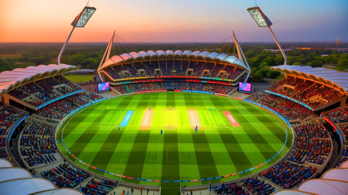 Illustration de l'impressionnant stade Narendra Modi, symbole de la passion indienne pour le cricket. Image réalisée par IA.