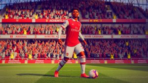 Illustration de l'attaquant Ollie Watkins et le logo d'Arsenal à l'arrière-plan (création par IA, illustration non réaliste). Crédit : Ideogram.