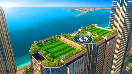 Chelsea FC ouvre à Dubaï un complexe résidentiel haut de gamme qui fusionne immobilier de luxe et passion du football Illustration de résidences de luxe à Dubaï inspirées par l'univers du Chelsea FC. Image réalisée par IA.