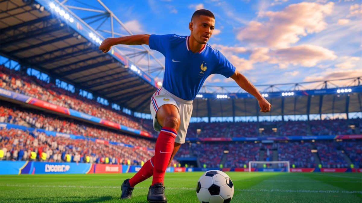 Illustration de l'Équipe de France U20 avec Elyaz Zidane pour le Tournoi Maurice-Revello. Image réalisée par IA.