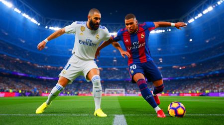 Illustration de la rivalité sportive entre Karim Benzema et Kylian Mbappé au Real Madrid. Image réalisée par IA.