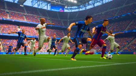 Illustration de l'affrontement en demi-finale de la Ligue des Champions entre l'Inter Milan et le FC Barcelone (création par IA, non réaliste). Crédit : Ideogram
