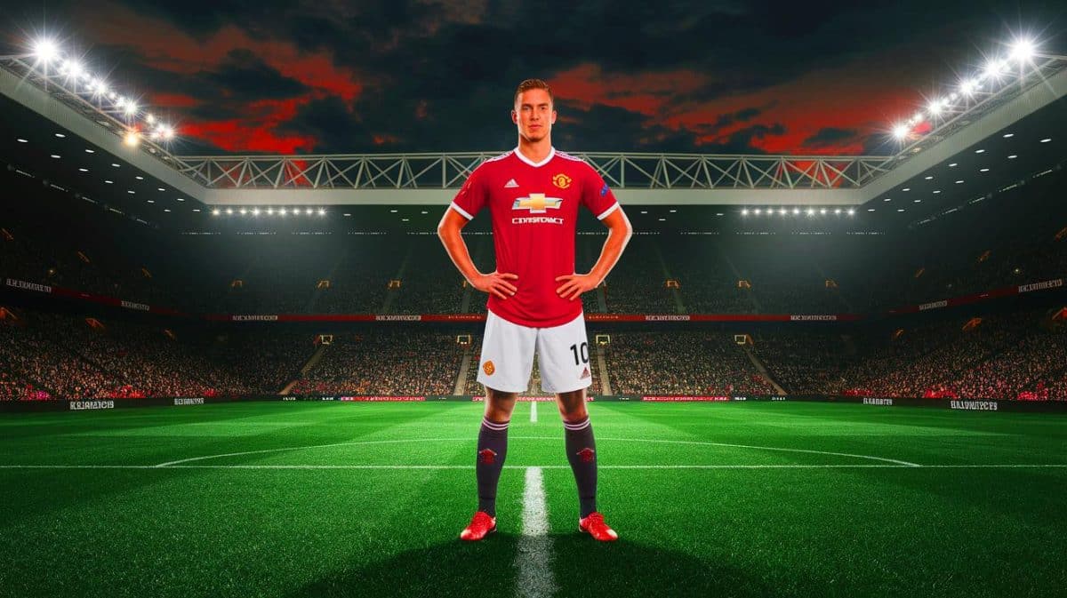 Illustration de Viktor Gyokeres portant le maillot de Manchester United (création par IA, illustration non réaliste). Crédit : Ideogram.