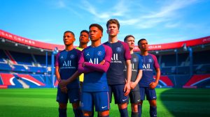 Illustration de jeunes joueurs du Paris Saint-Germain quittant le club. Image réalisée par IA.