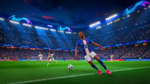 Illustration de Ousmane Dembélé en action lors d'un match crucial du PSG en Ligue des Champions (création par IA, non réaliste). Crédit : Ideogram