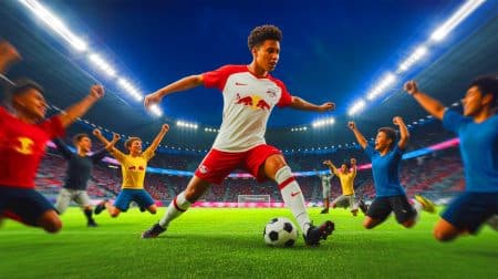 Illustration de Benjamin Šeško célébrant un but sous le maillot du RB Leipzig (création par IA, non réaliste). Crédit : Ideogram