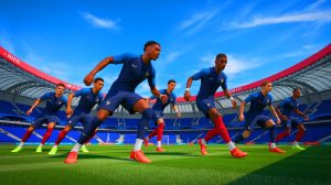 Illustration de l'équipe de France se préparant pour les éliminatoires de la Coupe du Monde 2026 (création par IA, non réaliste). Crédit : Ideogram