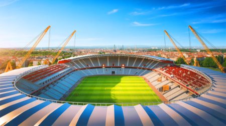 Illustration de la transformation future du Stadium de Toulouse pour atteindre 42 000 places (création par IA, non réaliste). Crédit : Ideogram