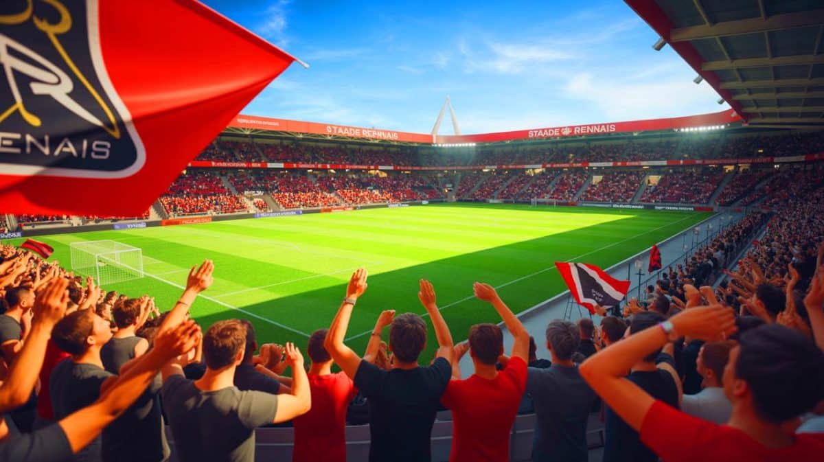 Les millions du Stade Rennais décryptés : salaires, sponsors et jeux d’influence dans les hautes sphères du club Illustration de la passion des supporters du Stade Rennais au Roazhon Park (création par IA, non réaliste). Crédit : Ideogram