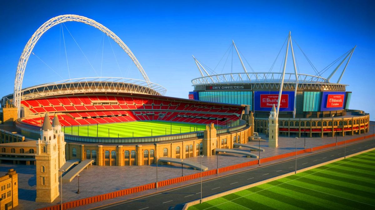 Illustration de stades emblématiques de Londres où se déroulent des événements sportifs majeurs. Image réalisée par IA.