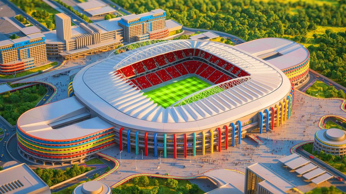 Illustration de la vision futuriste du nouveau stade du PSG avec ses installations modernes. Image réalisée par IA.