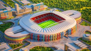 Illustration de la vision futuriste du nouveau stade du PSG avec ses installations modernes. Image réalisée par IA.