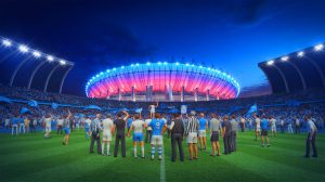 Illustration de la célébration des 125 ans de l'Olympique de Marseille avec d'anciens joueurs du club (création par IA, non réaliste). Crédit : Ideogram
