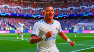 Illustration de Kylian Mbappé célébrant un but sous le maillot du Real Madrid. Image réalisée par IA.