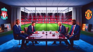 Illustration de la bataille pour le recrutement d'Amadou Kone entre Liverpool et Manchester United (création par IA, illustration non réaliste). Crédit : Ideogram.
