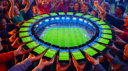 Illustration de téléphones formant un écran géant collectif pour regarder un match de football (création par IA, non réaliste). Crédit : Ideogram