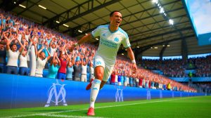 Illustration de Mason Greenwood célébrant un but avec l'OM. Image réalisée par IA.