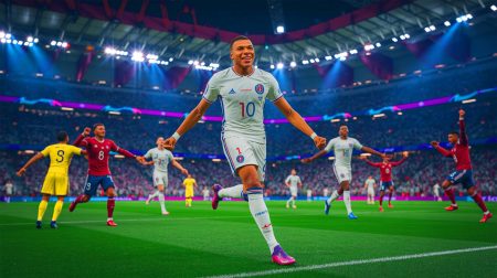 Illustration de Kylian Mbappé jubilant après l'élimination du FC Barcelone en Ligue des Champions (création par IA, non réaliste). Crédit : Ideogram