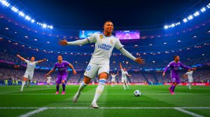 Illustration de Kylian Mbappé célébrant un but sous le maillot du Real Madrid. Image réalisée par IA.