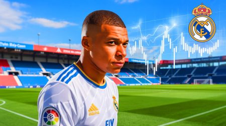 Illustration de Kylian Mbappé confronté à des défis sportifs et financiers au Real Madrid. Image réalisée par IA.