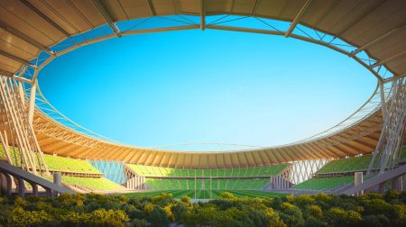 La démesure architecturale saoudienne dévoilée : découvrez ce stade colossal qui écrase le Stade de France par sa taille époustouflante et son ambition sans limite Illustration de l'imposant Stade King Salman au nord de Riyad. Image réalisée par IA.
