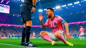 Illustration de Lionel Messi en action sur le terrain avec l'Inter Miami en MLS. Image réalisée par IA.