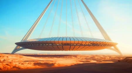 Illustration de Neom et son stade suspendu pour la Coupe du Monde 2034 (création par IA, non réaliste). Crédit : Ideogram