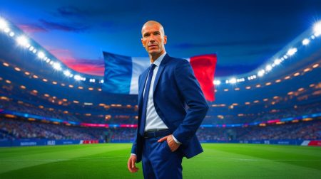 Illustration de Zinédine Zidane, légende du football, potentiellement futur entraîneur de l'équipe de France. Image réalisée par IA.