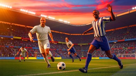 Illustration de Zinédine Zidane et Djibril Cissé réunis sur le terrain pour un match commémoratif (création par IA, non réaliste). Crédit : Ideogram