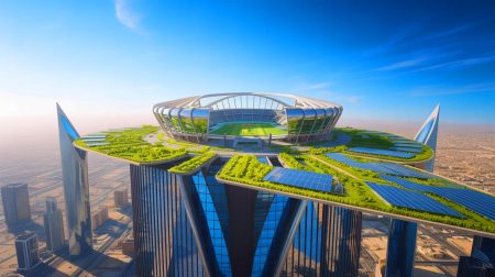L’Arabie saoudite défie l’imagination avec un projet fou : un stade colossal perché à 300 mètres d’altitude sur un gratte-ciel éco-futuriste Illustration de la construction d'un stade futuriste au sommet du gratte-ciel LINE en Arabie saoudite pour la Coupe du Monde 2034. Image réalisée par IA.