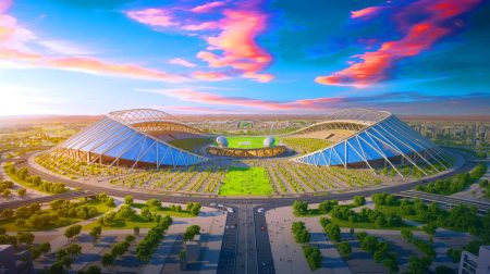 L’Arabie saoudite défie l’imagination : découvrez ces projets de stades extravagants pour une Coupe du monde 2034 hors-norme qui bouleversera le football mondial Illustration de stades futuristes en Arabie saoudite pour la Coupe du monde 2034. Image réalisée par IA.