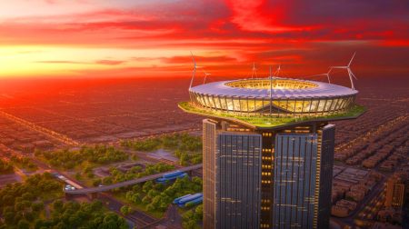 Illustration de la vision futuriste d'un stade perché sur un gratte-ciel en Arabie saoudite (création par IA, non réaliste). Crédit : Ideogram
