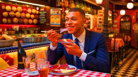 Illustration de Kylian Mbappé savourant du jambon dans un bar à tapas madrilène (création par IA, non réaliste). Crédit : Ideogram