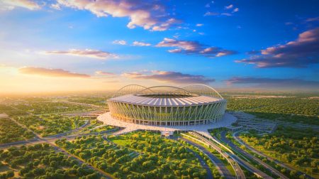 Illustration du Stade King Salman et de son intégration dans le paysage naturel saoudien (création par IA, non réaliste). Crédit : Ideogram