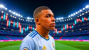 Illustration de Kylian Mbappé lors de sa première saison compliquée au Real Madrid. Image réalisée par IA.