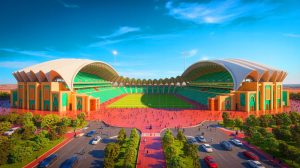 Illustration du stade Hassan II, futur emblème sportif du Maroc, avec son design inspiré des tentes traditionnelles marocaines (création par IA, non réaliste). Crédit : Ideogram