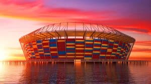 Illustration du Stadium 974, un stade démontable et innovant au Qatar (création par IA, non réaliste). Crédit : Ideogram