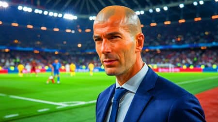 Illustration de Zinédine Zidane prenant les commandes de l'équipe de France après la Coupe du Monde 2026. Image réalisée par IA.