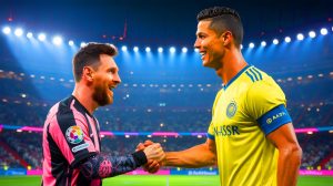 Illustration de Lionel Messi et Cristiano Ronaldo se saluant amicalement sur un terrain de football. Image réalisée par IA.