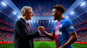 Illustration de la bataille des clubs de Premier League pour signer Jonathan David (création par IA, illustration non réaliste).