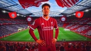 Illustration de Kingsley Coman en maillot de Liverpool, potentiel transfuge du Bayern Munich (création par IA, illustration non réaliste). Crédit : Ideogram.