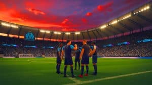 Illustration de l'Olympique de Marseille se préparant pour le mercato estival avec la Ligue des champions en perspective. Image réalisée par IA.