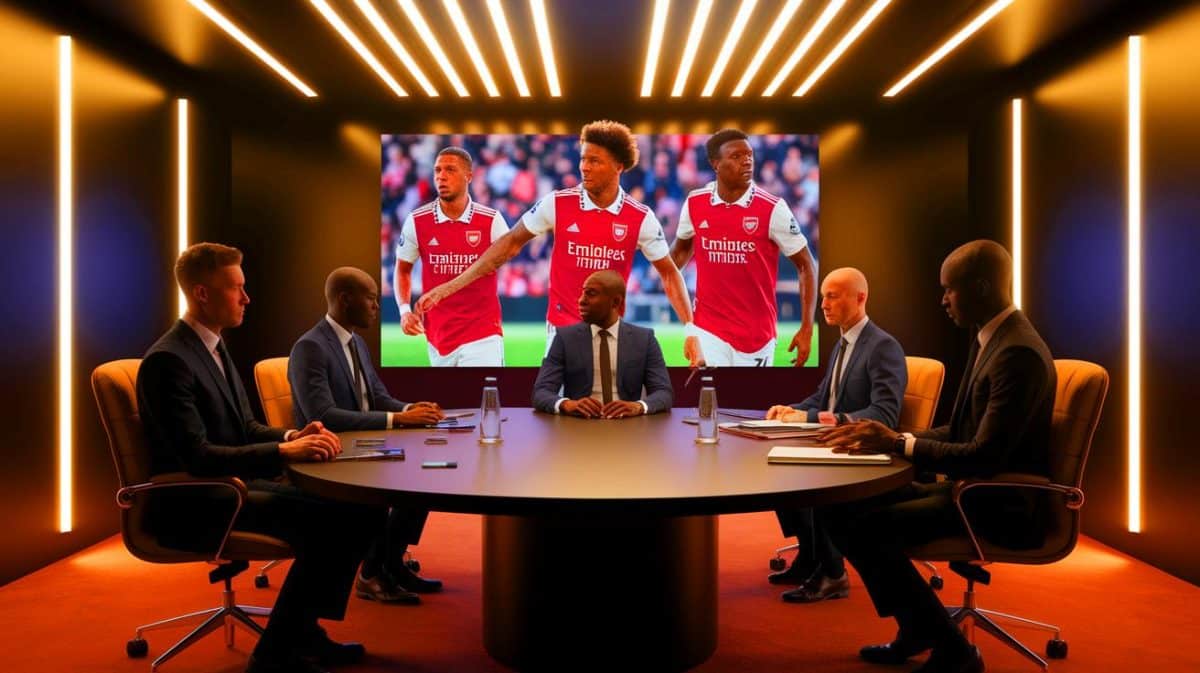 Illustration de la compétition entre Manchester United et Arsenal pour signer Ademola Lookman (création par IA, illustration non réaliste). Crédit : Ideogram.