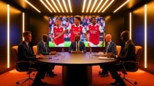 Illustration de la compétition entre Manchester United et Arsenal pour signer Ademola Lookman (création par IA, illustration non réaliste). Crédit : Ideogram.
