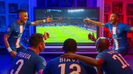 Illustration de la réaction des anciens joueurs du PSG à la qualification en finale de la Ligue des Champions (création par IA, non réaliste). Crédit : Ideogram