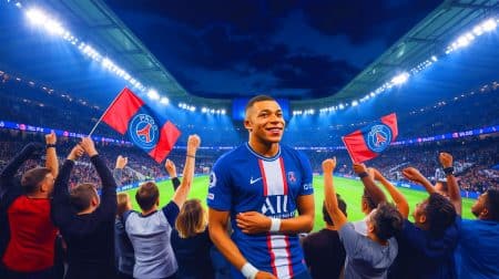 Illustration de Kylian Mbappé entouré de supporters parisiens après la qualification du PSG en finale de la Ligue des Champions (création par IA, non réaliste). Crédit : Ideogram